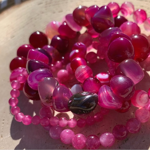 Natural Pink Striped Agate & Genuine Tourmaline Pink Quartz Gemstone Bracelet - Picture 3 of 15